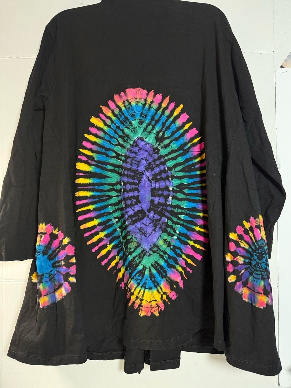 Black Open-Front Trench with Multicolor Tie-Dye